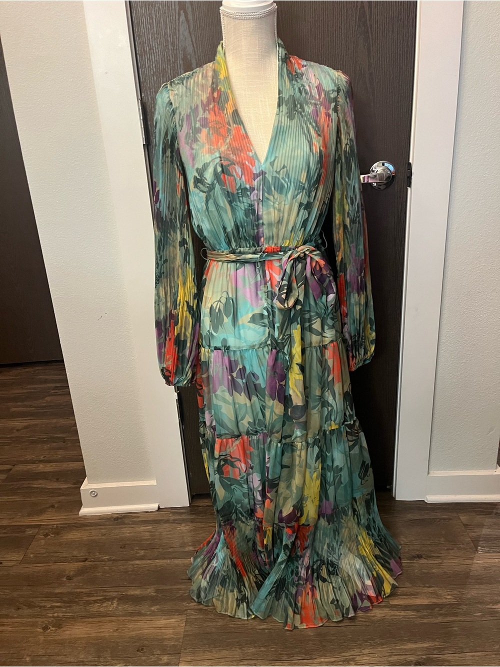 Alex Marie Teal Floral Pleated Maxi Dress with Multi-Color Accents